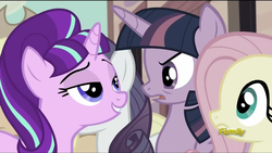 Size: 1920x1080 | Tagged: safe, screencap, fluttershy, rarity, starlight glimmer, twilight sparkle, alicorn, pony, unicorn, g4, season 5, the cutie map, angry, bags under eyes, cult, discovery family logo, equalized, exhausted, female, glare, lidded eyes, mare, mocking, open mouth, our town, raised eyebrow, reaction image, s5 starlight, twilight sparkle (alicorn)