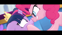 Size: 1280x720 | Tagged: safe, screencap, pinkie pie, twilight sparkle, alicorn, earth pony, pony, g4, my little pony: the movie, animated, boop, eye contact, female, floppy ears, frown, glare, gritted teeth, looking at each other, loop, mare, nose wrinkle, noseboop, on back, peer pressure, pointing, pressure, sound, talking, twilight sparkle (alicorn), underhoof, video, webm, worried