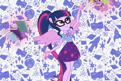 Size: 1072x720 | Tagged: safe, screencap, sci-twi, spike, spike the regular dog, twilight sparkle, dog, equestria girls, equestria girls series, g4, book, clothes, female, geode of telekinesis, glasses, intro, magic, ponied up, pony ears, ponytail, sci-twilicorn, skirt, smiling, telekinesis, wings