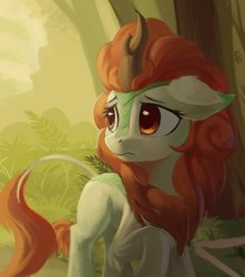 Size: 678x767 | Tagged: safe, artist:draconidsmxz, autumn blaze, kirin, g4, sounds of silence, female, forest, looking back, mare, plant, sad, solo, tree, wip