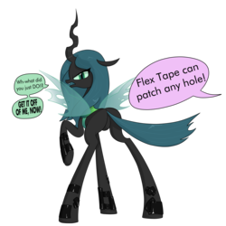 Size: 3000x3000 | Tagged: safe, artist:moonatik, queen chrysalis, changeling, changeling queen, g4, angry, bugbutt, butt, cheeselegs, chrysalass, dialogue, featureless crotch, female, flex tape, high res, implied starlight glimmer, looking back, plot, queen chrysalis is not amused, raised tail, simple background, solo, speech bubble, tail, tail aside, transparent background, unamused, underhoof