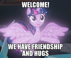 Size: 626x512 | Tagged: safe, edit, edited screencap, screencap, tree of harmony, alicorn, pony, g4, what lies beneath, cropped, female, friendship, hooves, hug, image macro, implied twilight sparkle, mare, meme, open hooves, school of friendship, smiling, solo, sparkles, spread wings, treelight sparkle, twilight sparkle (alicorn), welcome, wings