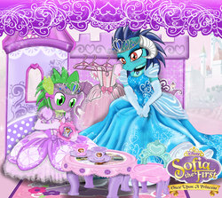 Size: 2800x2500 | Tagged: safe, artist:avchonline, princess ember, spike, dragon, g4, blushing, castle, clothes, clothes hanger, crossdressing, disney, dress, food, high res, jewelry, princess, puffy sleeves, sissy, sofia the first, spike the first, tea, tea party, tiara, wingless spike