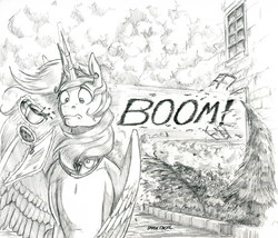 Size: 1300x1113 | Tagged: safe, artist:baron engel, princess celestia, alicorn, pony, g4, boom, cookie, cup, dreamscape, explosion, female, food, glowing horn, grayscale, horn, magic, mare, monochrome, onomatopoeia, pencil drawing, story included, teacup, telekinesis, traditional art