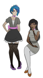 Size: 1061x1920 | Tagged: safe, artist:emberfan11, artist:flipwix, dj pon-3, octavia melody, vinyl scratch, human, vampire, g4, alternate universe, amused, bowtie, clothes, clothes swap, colored, crossed legs, dark skin, dress, ear piercing, earring, female, fishnet stockings, hand on hip, high heels, humanized, jewelry, lesbian, nail polish, octavia is amused, open mouth, pantyhose, piercing, raised eyebrow, ship:scratchtavia, shipping, shoes, simple background, skirt, stockings, tattoo, thigh highs, transparent background, unamused, vinyl scratch is not amused