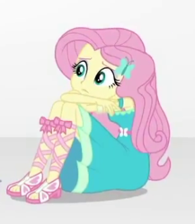 Size: 299x345 | Tagged: safe, screencap, fluttershy, equestria girls, equestria girls series, g4, rollercoaster of friendship, cropped, cute, female, shyabetes, sitting, solo