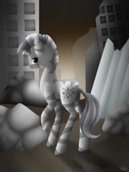 Size: 1500x2000 | Tagged: safe, artist:keisaa, oc, oc only, oc:xenith, pony, zebra, fallout equestria, cutie mark, fanfic, fanfic art, female, hooves, mare, raised hoof, rock, ruins, solo, wasteland, zebra oc