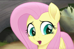 Size: 381x253 | Tagged: safe, screencap, fluttershy, pegasus, pony, g4, my little pony: the movie, animated, blinking, cute, ears back, female, gif, mare, open mouth, scared, shyabetes, solo