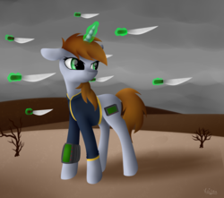 Size: 1024x904 | Tagged: safe, artist:keisaa, oc, oc only, oc:littlepip, pony, unicorn, fallout equestria, clothes, cloud, cloudy, cutie mark, fanfic, fanfic art, female, glowing horn, hooves, horn, jumpsuit, knife, levitation, magic, mare, pipbuck, solo, telekinesis, vault suit, wasteland, weapon
