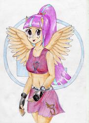 Size: 2508x3456 | Tagged: safe, artist:40kponyguy, derpibooru exclusive, sour sweet, equestria girls, belly button, clothes, exeron fighters, female, looking at you, midriff, ponied up, pony ears, ponytail, requested art, simple background, skirt, solo, spread wings, traditional art, white background, wings