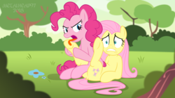 Size: 3999x2249 | Tagged: safe, artist:metalhead97, fluttershy, pinkie pie, pony, g4, angry, disturbed, female, fetish, high res, hoof fetish, hoof licking, lesbian, licking, outdoors, ship:flutterpie, shipping, show accurate, spongebob squarepants, the fry cook games, this is personal, tickle torture, tickling, tongue out, underhoof