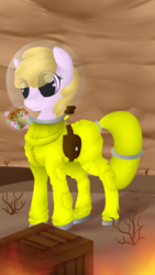 Size: 540x960 | Tagged: safe, artist:keisaa, oc, oc only, oc:puppysmiles, earth pony, pony, fallout equestria, fallout equestria: pink eyes, cloud, cloudy, fanfic, fanfic art, female, filly, foal, food, hazmat suit, hooves, levitation, magic, muffin, saddle bag, solo, telekinesis, wasteland