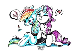 Size: 3706x2669 | Tagged: safe, artist:moonhoek, rainbow dash, rarity, pegasus, pony, unicorn, rcf community, g4, blush sticker, blushing, bondage, cross-popping veins, cute, eyes closed, female, high res, lesbian, lipstick, makeup, mare, open mouth, pictogram, rope, ship:raridash, shipping, smiling, tied, tied up, traditional art