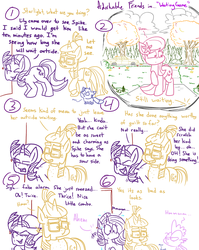Size: 1280x1611 | Tagged: safe, artist:adorkabletwilightandfriends, lily, lily valley, moondancer, spike, starlight glimmer, oc, oc:pinenut, cat, dragon, earth pony, pony, unicorn, comic:adorkable twilight and friends, g4, adorkable, adorkable friends, car, caught, caught red hooved, cloud, comic, cute, door, dork, front door, guilty, humor, jealous, leaves, lineart, pathway, peek hole, peephole, spike is not amused, tree, unamused, volvo, waiting, yard