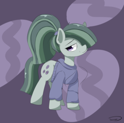 Size: 2391x2362 | Tagged: safe, artist:taurson, marble pie, earth pony, pony, g4, alternate hairstyle, clothes, female, hair over one eye, high res, hoodie, looking at you, mare, ponytail, smiling, solo, sweat