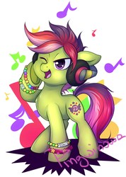 Size: 1707x2403 | Tagged: safe, artist:pingwinowa, oc, oc only, oc:pingwinowa, earth pony, pony, earth pony oc, headphones, music, music notes, one eye closed, solo