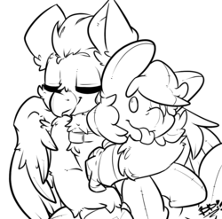 Size: 1151x1136 | Tagged: safe, artist:bbsartboutique, oc, oc only, griffon, pegasus, pony, eyes closed, griffon oc, hug, lineart, plushie, solo, tongue out