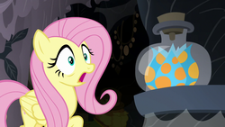 Size: 1280x720 | Tagged: safe, screencap, fluttershy, pegasus, pony, a health of information, g4, bottle, female, flower, mare, open mouth, shocked, solo, swamp fever plant