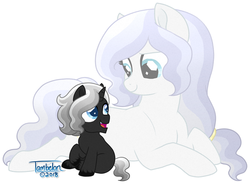 Size: 900x661 | Tagged: safe, artist:tambelon, oc, oc only, oc:moonstone, oc:somber night, ghost, pony, unicorn, brother and sister, colt, digital art, duo, female, looking at each other, male, mare, next generation, offspring, open mouth, parent:king sombra, parent:oc:opalescent pearl, parent:oc:prince topaz, prone, signature, sitting, smiling, white background