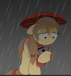 Size: 2480x2642 | Tagged: safe, artist:bobthedalek, oc, oc only, oc:cream heart, earth pony, pony, bobthedalek is trying to murder us, buttongate, clothes, crying, cute, feels, female, high res, looking down, mare, missing poster, rain, sad, sadorable, scarf, solo, teary eyes, umbrella