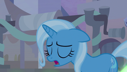 Size: 1280x720 | Tagged: safe, screencap, trixie, pony, unicorn, g4, my little pony: friendship is magic, road to friendship, eyes closed, female, mare, ms. powerful, solo