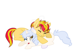 Size: 1024x692 | Tagged: safe, artist:rollingbubblesfan, sunset shimmer, oc, oc:icy bliss, pony, unicorn, g4, canon x oc, half r63 shipping, my little colt, obtrusive watermark, rule 63, shipping, simple background, sunset glare, sunsetbliss, transparent background, vector, watermark