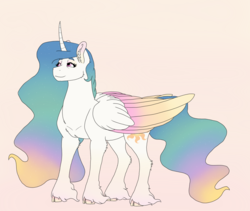 Size: 1900x1600 | Tagged: safe, artist:shortcake1284, princess celestia, alicorn, pony, g4, alternate design, cloven hooves, colored wings, curved horn, ear fluff, ethereal mane, female, horn, mare, multicolored wings, simple background, smiling, solo, starry mane, unshorn fetlocks
