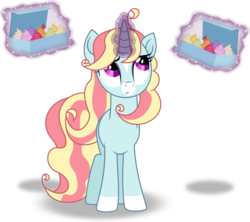 Size: 4449x3947 | Tagged: safe, artist:kojibiose, oc, oc only, oc:strawberry soufflé, pony, unicorn, g4, absurd resolution, box, cupcake, female, food, magic, mare, simple background, solo, telekinesis, transparent background