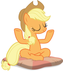 Size: 1789x2013 | Tagged: safe, artist:frownfactory, applejack, earth pony, pony, a rockhoof and a hard place, g4, .svg available, applejack's hat, cowboy hat, crossed legs, eyes closed, female, hat, lotus position, mare, meditating, meditation, pillow, simple background, sitting, smiling, solo, svg, transparent background, vector