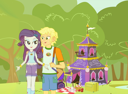 Size: 1662x1220 | Tagged: safe, artist:hectorcabz, applejack, rarity, equestria girls, g4, my little pony equestria girls: legend of everfree, applejack (male), bracelet, camp everfree outfits, equestria guys, female, half r63 shipping, jewelry, male, rule 63, ship:applerity, ship:rarijack, shipping, straight