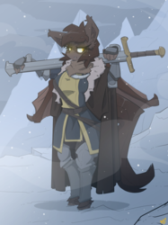 Size: 1200x1603 | Tagged: safe, artist:bbsartboutique, oc, oc only, oc:tuya, bat pony, anthro, anthro oc, armor, bat pony oc, cloak, clothes, female, fur, solo, sword, weapon