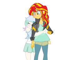 Size: 1024x794 | Tagged: safe, artist:rollingbubblesfan, sunset shimmer, oc, oc:icy bliss, equestria girls, g4, my little pony equestria girls: friendship games, blushing, hug, icyshimmer, shipping, simple background, transparent background, vector