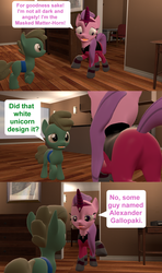 Size: 1920x3240 | Tagged: safe, artist:red4567, humdrum, g4, 3d, angst, butt, clothes, colt, comic, dark, foal, humdrum costume, implied rarity, incredibles 2, male, masked matter-horn costume, new design, pixar, plot, power ponies, source filmmaker, suit, the incredibles