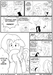Size: 1024x1466 | Tagged: safe, artist:khaotixdreamfd, artist:shujiwakahisaa, angel bunny, fluttershy, oc, oc:rexius, diamond dog, pegasus, pony, rabbit, comic:master shy, g4, all fours, blushing, butt, chef's hat, cleaver, clothes, comic, dialogue, exclamation point, hat, implied butt sniffing, interrobang, japanese reading order, lineart, master, meat cleaver, monochrome, plot, presenting, question mark, raised hoof, spanish, thinking, white eyes