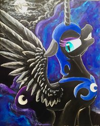 Size: 1024x1293 | Tagged: safe, artist:colorsceempainting, nightmare moon, alicorn, pony, g4, canvas, cloud, cloudy, detailed, female, moon, night, painting, smiling, solo, traditional art, wings
