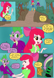 Size: 1024x1466 | Tagged: safe, artist:edcom02, artist:jmkplover, apple bloom, spike, dragon, human, anthro, comic:fun in the mud, equestria girls, g4, boots, bow, clothes, comic, dirt, equestria girls-ified, hair bow, holding hands, human coloration, jeans, mud, pants, shirt, shoes, sign, tree