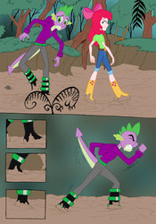 Size: 1024x1460 | Tagged: safe, artist:edcom02, artist:jmkplover, apple bloom, spike, earth pony, anthro, comic:fun in the mud, equestria girls, g4, belt, boots, clothes, comic, human coloration, jeans, mud, pants, quicksand, shirt, shoes, smiling, tree, walking