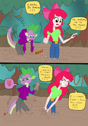 Size: 1024x1475 | Tagged: safe, artist:edcom02, artist:jmkplover, apple bloom, spike, earth pony, anthro, comic:fun in the mud, equestria girls, g4, belt, boots, bow, clothes, comic, frustrated, hair bow, human coloration, jeans, mud, pants, pulling, pulling out, quicksand, shirt, shoes, sinking, stuck, tree