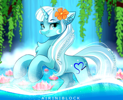Size: 2555x2085 | Tagged: safe, artist:airiniblock, oc, oc only, pony, unicorn, rcf community, female, flower, flower in hair, high res, looking at you, mare, smiling, solo, water, waterfall, ych result
