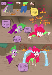 Size: 1024x1464 | Tagged: safe, artist:edcom02, artist:jmkplover, apple bloom, spike, comic:fun in the mud, equestria girls, g4, belt, bow, clothes, comic, crying, equestria girls-ified, hair bow, human coloration, mud, ocular gushers, pulling out, quicksand, screaming, shirt, sinking