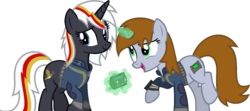 Size: 1385x616 | Tagged: safe, artist:pegasski, oc, oc only, oc:littlepip, oc:velvet remedy, pony, unicorn, fallout equestria, g4, base used, clothes, cutie mark, duo, eyelashes, fanfic, fanfic art, female, glowing horn, hooves, horn, jumpsuit, levitation, magic, mare, open mouth, pipbuck, raised hoof, simple background, smiling, telekinesis, transparent background, unicorn oc, vault suit