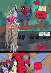 Size: 1024x1452 | Tagged: safe, artist:edcom02, artist:jmkplover, apple bloom, applejack, spike, twilight sparkle, comic:fun in the mud, equestria girls, g4, boots, bow, comic, crossover, hair bow, hose, human coloration, male, mud, shoes, spider web, spider-man, train, tree, water