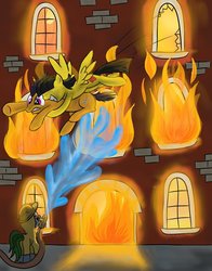 Size: 791x1011 | Tagged: safe, artist:johnpearl1979, oc, oc:wildfire, pegasus, pony, fanfic art, fire, firefighter, grin, motion lines, mouth hold, smiling, wilyverse