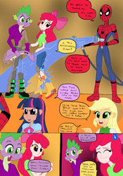 Size: 1024x1465 | Tagged: safe, artist:edcom02, artist:jmkplover, apple bloom, applejack, spike, twilight sparkle, alicorn, comic:fun in the mud, equestria girls, g4, belt, boots, bow, cleaning, clothes, comic, cowboy hat, crossover, equestria girls-ified, hair bow, hat, hose, human coloration, jeans, male, mud, nervous, pants, shirt, shoes, spider-man, twilight sparkle (alicorn), washing, water