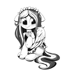 Size: 2000x2000 | Tagged: safe, artist:confetticakez, oc, oc only, oc:jet stream, pegasus, pony, blushing, choker, clothes, cute, dress, embarrassed, floppy ears, high res, maid, monochrome, shy, simple background, solo, transparent background