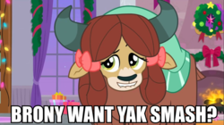 Size: 961x540 | Tagged: safe, edit, edited screencap, screencap, yona, yak, g4, the hearth's warming club, bedroom eyes, bronybait, dreamworks face, female, image macro, imminent sex, impact font, lemme smash, lip bite, meme, propositioning, text, this will end in pain, this will end in snu snu, yak smash