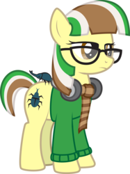 Size: 1849x2478 | Tagged: safe, artist:lightning stripe, oc, oc only, oc:beetle beat, oc:hercules, beetle, earth pony, pony, rhinoceros beetle, g4, brown eyes, clothes, female, glasses, headphones, mare, scarf, show accurate, simple background, solo, sweater, transparent background
