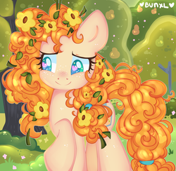 Size: 3400x3318 | Tagged: safe, artist:bunxl, pear butter, earth pony, pony, g4, cute, female, flower, flower in hair, heart eyes, high res, mare, pearabetes, solo, starry eyes, weapons-grade cute, wingding eyes