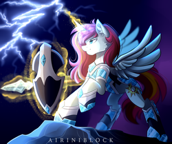 Size: 3140x2629 | Tagged: safe, artist:airiniblock, oc, oc only, alicorn, pony, rcf community, clothes, commission, female, high res, lightning, magic, mare, solo, weapon