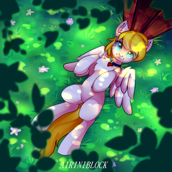 Size: 2222x2222 | Tagged: safe, artist:airiniblock, oc, oc only, oc:wholeheart, pegasus, pony, rcf community, belly button, collar, cute, dappled sunlight, featureless crotch, flower, grass, high res, looking at you, male, on back, smiling, solo, stallion, tree, ych result